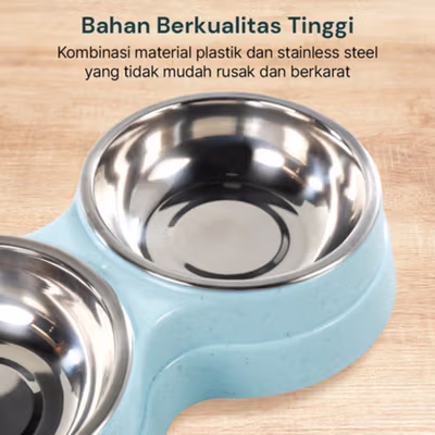 KOVELY Tempat Makan Hewan Peliharaan Anjing Double Bowl - CFB33 - Blue — gambar 4