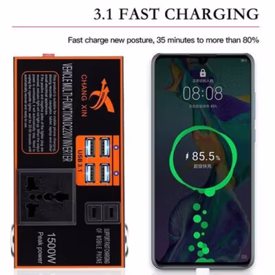 CHANG XIN Car Power Inverter DC 12V/24V to DC 220V 4 USB Port - CX15 - Black/Orange — gambar 4