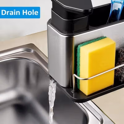 TESOT Dispenser Sabun Cuci Piring 3in1 Stainless Steel Sink Organizer - TH3700 - Silver — gambar 4