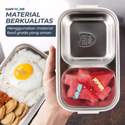 TaffHOME Kotak Makan Lunch Box Stainless Steel Double Layer 1.4L Grid 4 - J274 - White — gambar 4