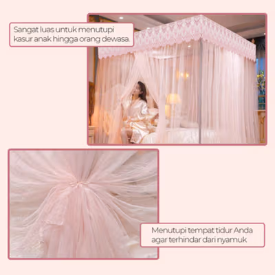TaffHOME Jaring Anti Nyamuk Kasur Tempat Tidur Net 180x200cm - WZ-2020 - Pink — gambar 4