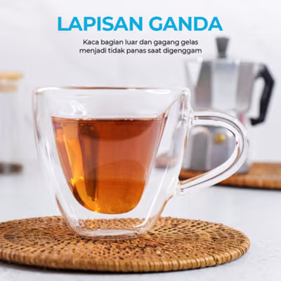 One Two Cups Cangkir Kopi Kaca Tahan Panas Double Wall Love Cup 150ml - Transparent — gambar 4