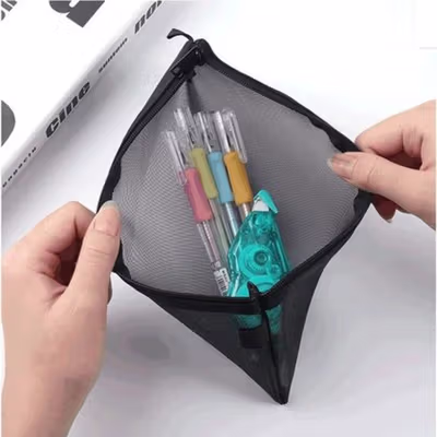 ZANZAN Tempat Pensil Jaring Mesh Pencil Case Zipper Storage - Z20 - Black — gambar 4