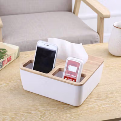 TaffHOME Tempat Tisu Kayu Multifungsi with Smartphone Remote Holder - ZJ004 - White — gambar 4