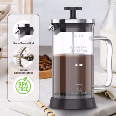 RAINBEAN French Press Coffee Maker Pot Plunger Borosilicate 350ml - CP15 - Black — gambar 4