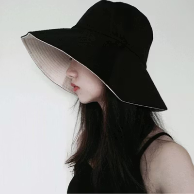 Daddy Chen Topi Wanita Bucket Hat Bolak Balik Foldable 2in1 Kain Katun - 1808 - Black — gambar 4