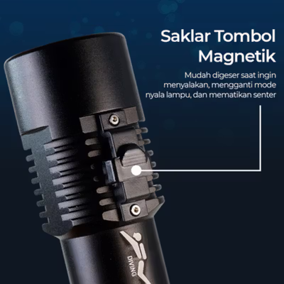 TaffLED Senter Selam Diving P70 Waterproof 30M IPX8 2500 Lumens - G299 - Black — gambar 4