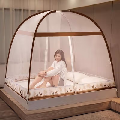 TaffHOME Kelambu Tempat Tidur Jaring Anti Nyamuk Lipat 120x200cm - A76 - White/Gold — gambar 4