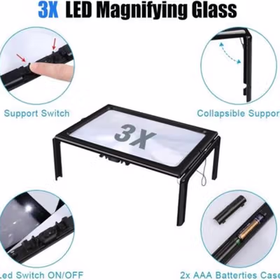 NEWACALOX Kaca Pembesar Bentuk Meja untuk Baca Magnifier with 4 LED 3X - HL-A4 - Black White — gambar 4