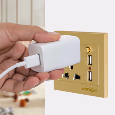 TaffHOME Stopkontak Universal UK EU US with 2 Port USB Switch - LC-23 - Golden — gambar 4