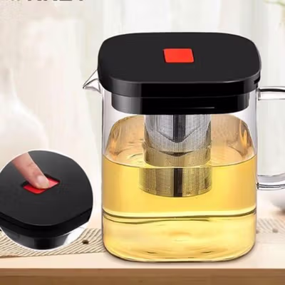 BEDRE Teko Teh Kaca Saringan Tahan Panas Api dengan Tombol Buka 1L - BR-610 - Transparent — gambar 4