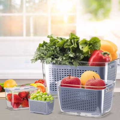 SHIMOYAMA Kotak Kontainer Makanan Kulkas Organizer Drainer with Lid 1.7L - RFS49 - Gray — gambar 4