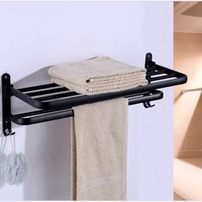 CANRY Rak Dinding Kamar Mandi Gantungan Handuk Double Layer Foldable 58cm - C2 - Black — gambar 4
