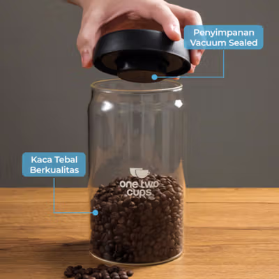 One Two Cups Toples Kaca Penyimpanan Biji Kopi Vacuum Sealed Lid 1.2L - SE41 - Black — gambar 4