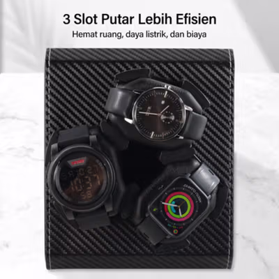 FRUCASE Watch Winder Carbon Fiber Pemutar Jam Tangan Otomatis 3 Slot - SKW33 - Black — gambar 4