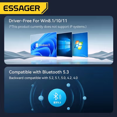 ESSAGER Bluetooth Receiver Adapter 5.3 USB Dongle Low Latency - EBT53-BH01-P - Black — gambar 4