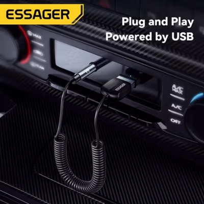 ESSAGER Audio Bluetooth Receiver Adapter 5.0 USB AUX Spring Wire - EBT-LF01-P - Black — gambar 4