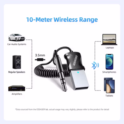 ESSAGER Audio Bluetooth Receiver Adapter 5.0 USB AUX Spring Wire - EBT-YH01-P - Black — gambar 5